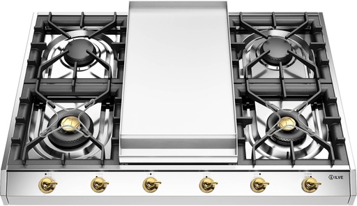 [UHCP965FNSSG] ILVE UHCP965FN Nostalgie II 36 inch Gas Cooktop with Griddle, in Stainless Steel (Natural Gas, Brass)