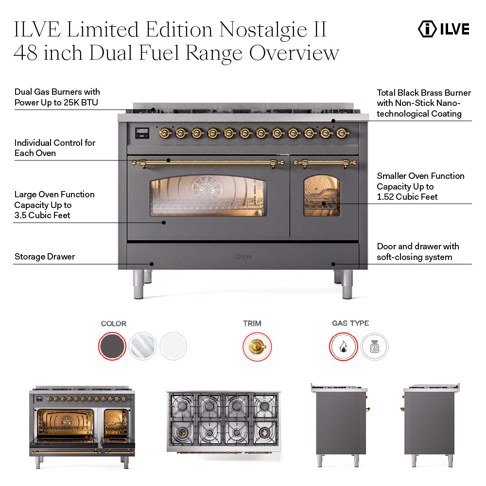 ILVE UP488NMP Nostalgie II 48 inch Dual Fuel Range with 8 Total Black Brass Sealed Burners, Brass Trim (Limited Edition)