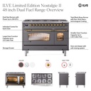 ILVE UP488NMP Nostalgie II 48 inch Dual Fuel Range with 8 Total Black Brass Sealed Burners, Brass Trim (Limited Edition)