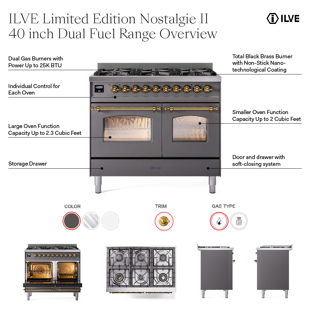 ILVE UPD406NMP Nostalgie II 40 inch Dual Fuel Range with 6 Total Black Brass Burners, Brass Trim (Limited Edition)