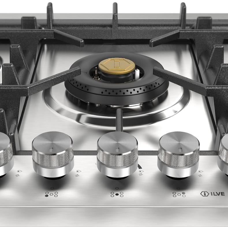 ILVE UHCPT75SS front view close up on dual burner and knobs