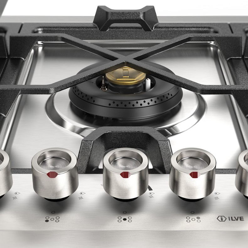 ILVE UHCPMT95SS front view close up on dual burner and knobs