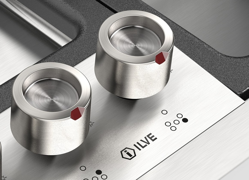 ILVE UHCPMT95SS angled view zoom in on knobs