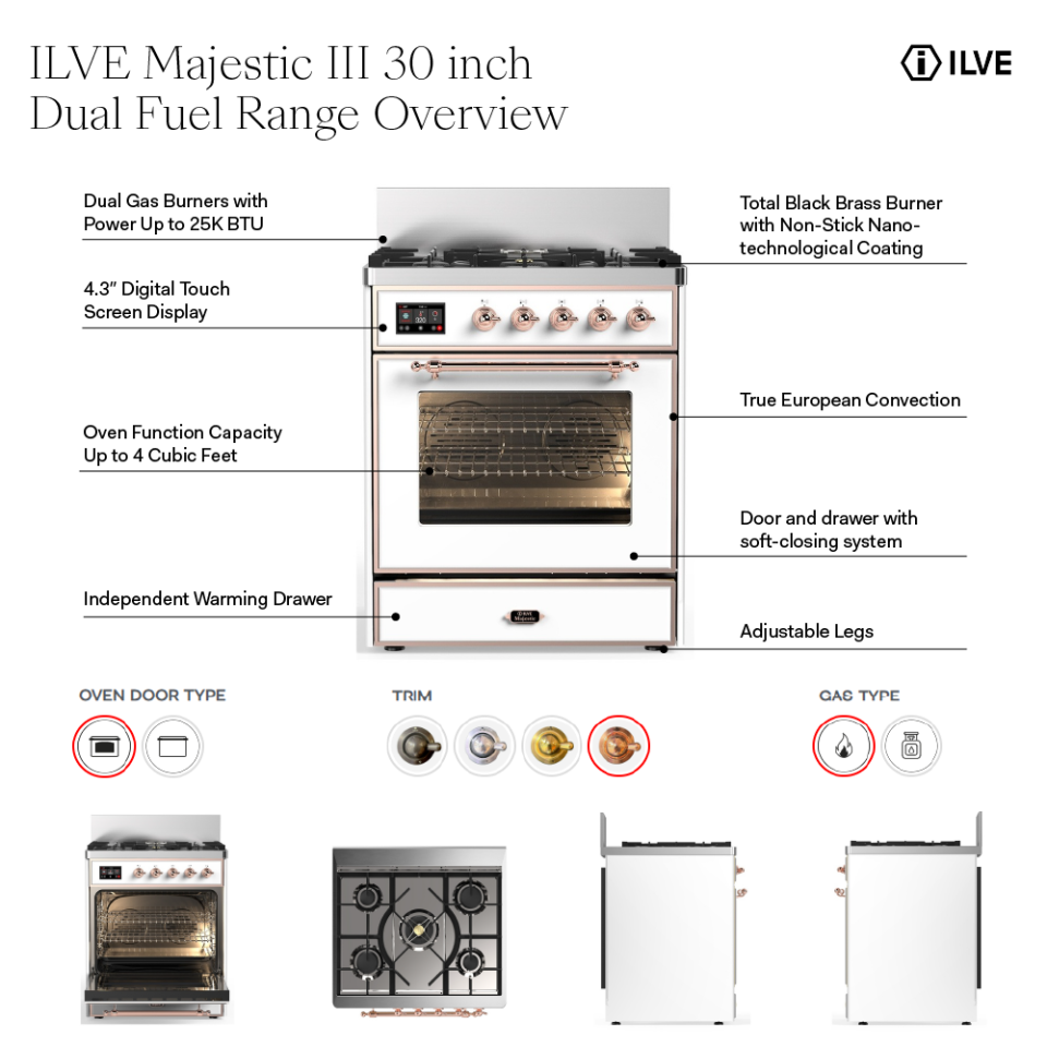 ILVE UM30N Majestic III 30 inch Dual Fuel Range with 5 Black Brass Burners, Dual Function Burner up to 25,000 BTU