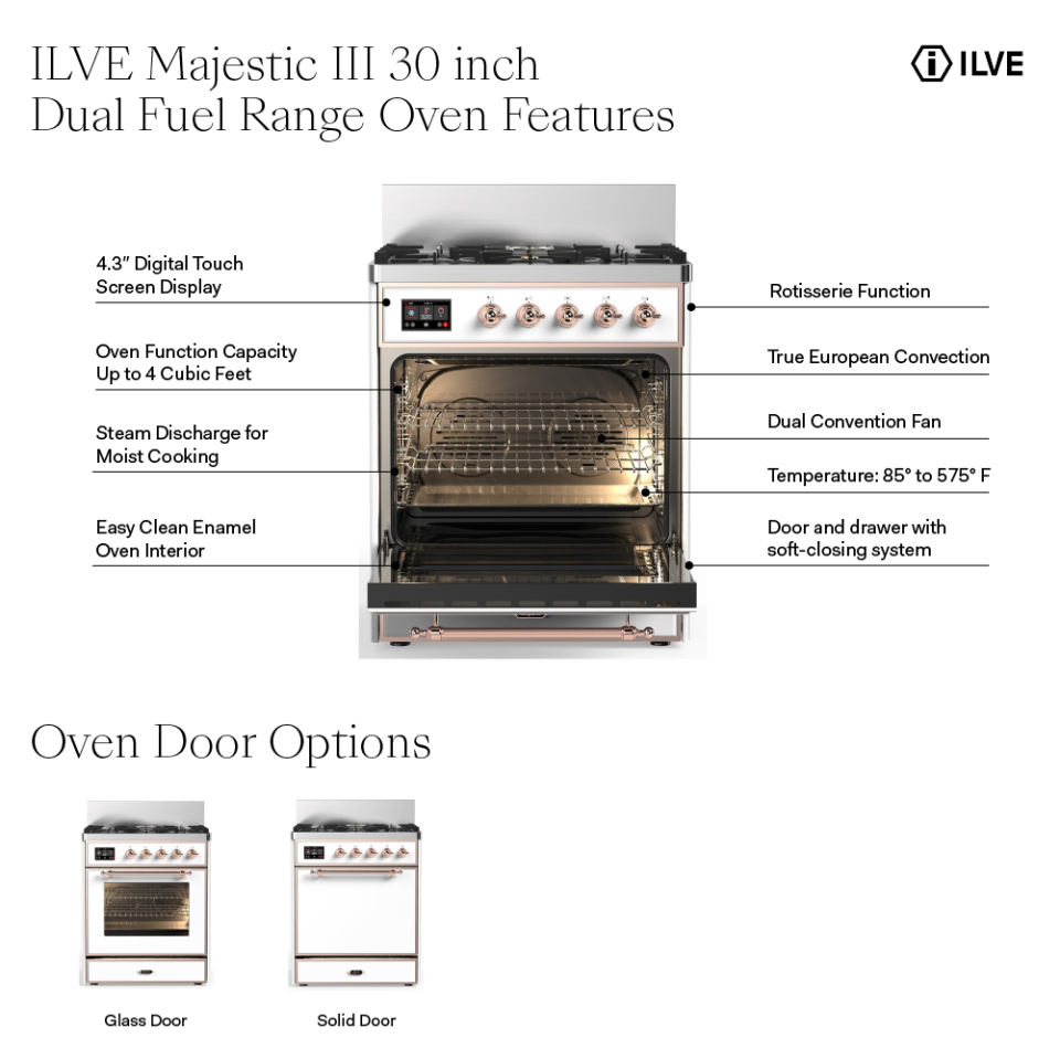 ILVE UM30N Majestic III 30 inch Dual Fuel Range with 5 Black Brass Burners, Dual Function Burner up to 25,000 BTU