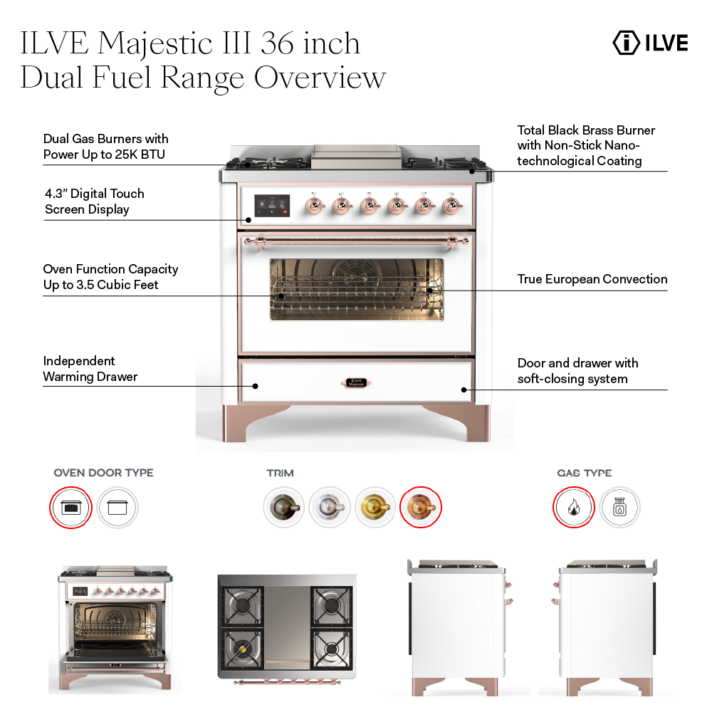 ILVE UM36F Majestic III 36 inch Dual Fuel Range with 6 Black Brass Burners and Griddle, Dual Function Burner up to 25,000 BTU