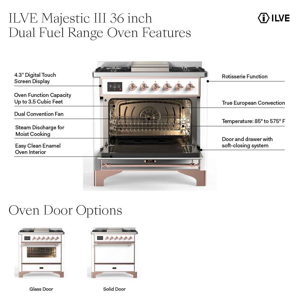 ILVE UM36F Majestic III 36 inch Dual Fuel Range with 6 Black Brass Burners and Griddle, Dual Function Burner up to 25,000 BTU