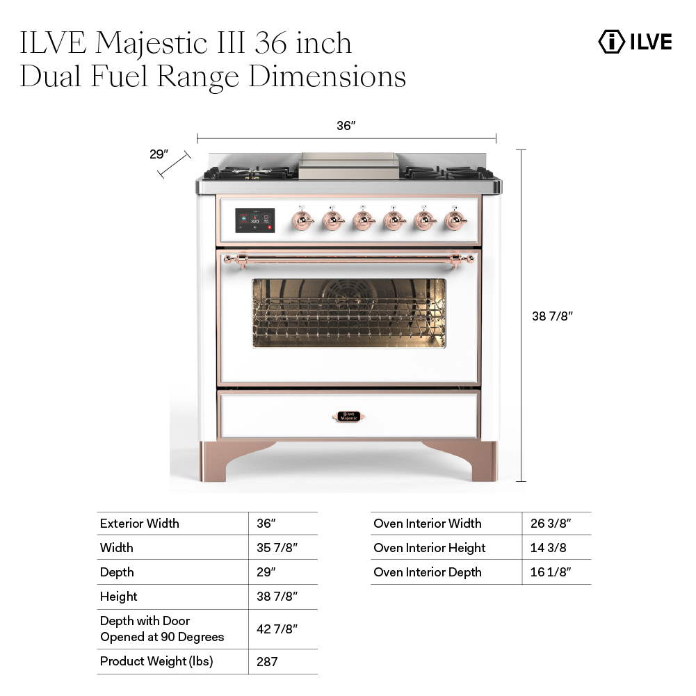ILVE UM36F Majestic III 36 inch Dual Fuel Range with 6 Black Brass Burners and Griddle, Dual Function Burner up to 25,000 BTU