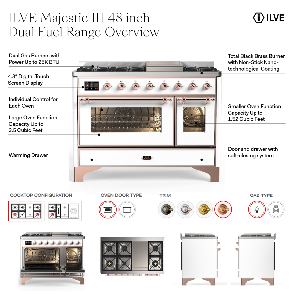 ILVE UM48F Majestic III 48 inch Dual Fuel Range with 8 Burners and Griddle, Dual Function Burner up to 25,000 BTU