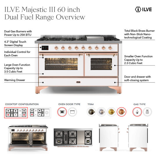 ILVE UM60F Majestic III 60 inch Dual Fuel Range with 9 Burners and Griddle, Dual Function Burner up to 25,000 BTU