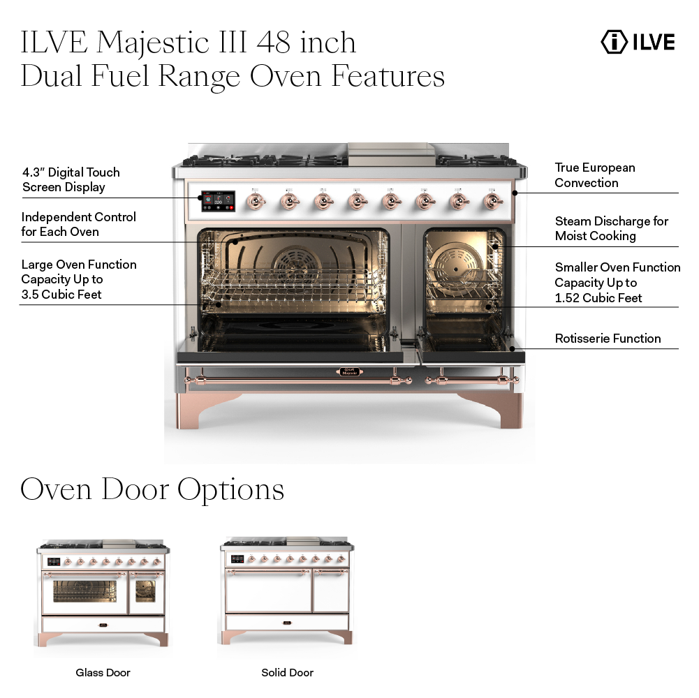 ILVE UM48FS Majestic III 48 inch Dual Fuel Range with 5 Black Brass Burners, Griddle and French Top, Dual Function Burner up to 25,000 BTU