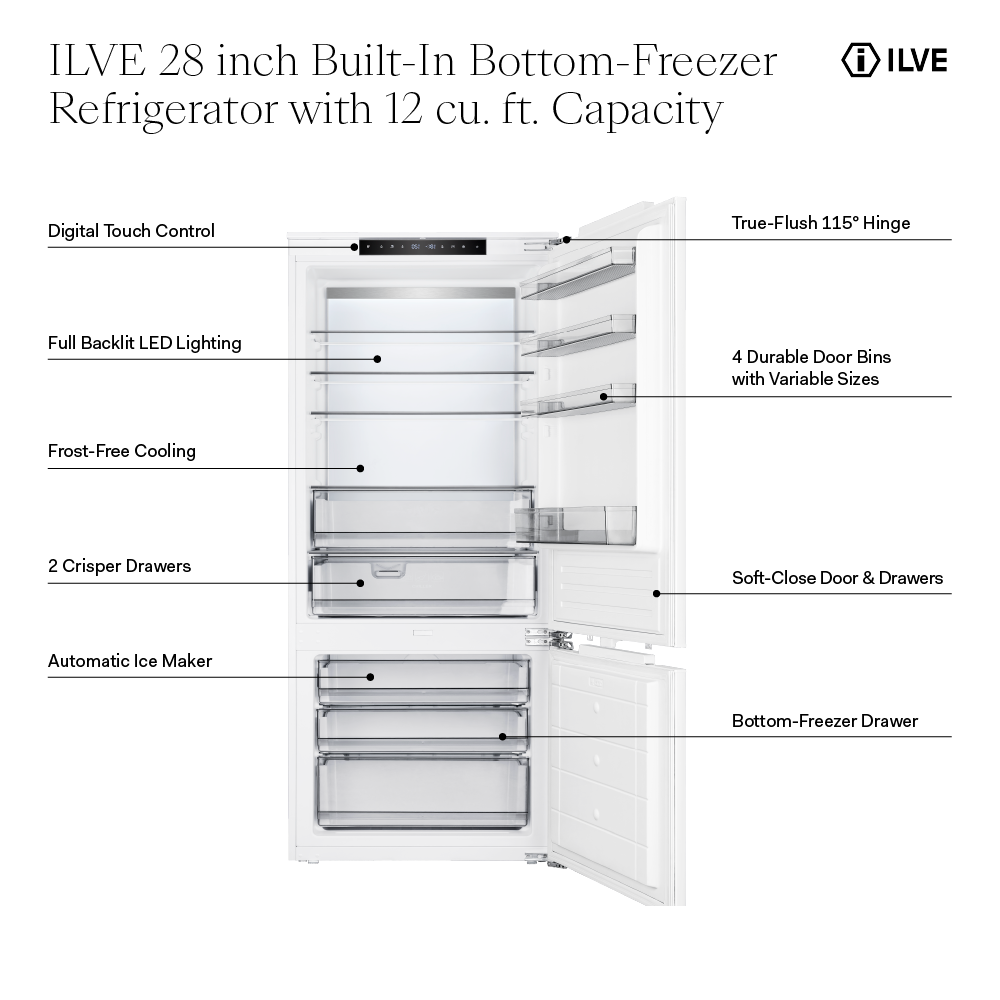 ILVE URBM28SIWPRY 28 inch Bottom Freezer Refrigerator with 12 cu. ft. Capacity, Automatic Ice Maker, in Panel Ready