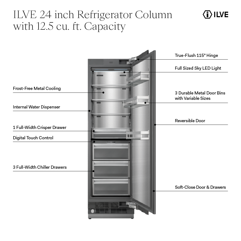 ILVE URFC24SNW 24 inch Refrigerator Column with 12.5 cu. ft. Capacity, Internal Water Dispenser 