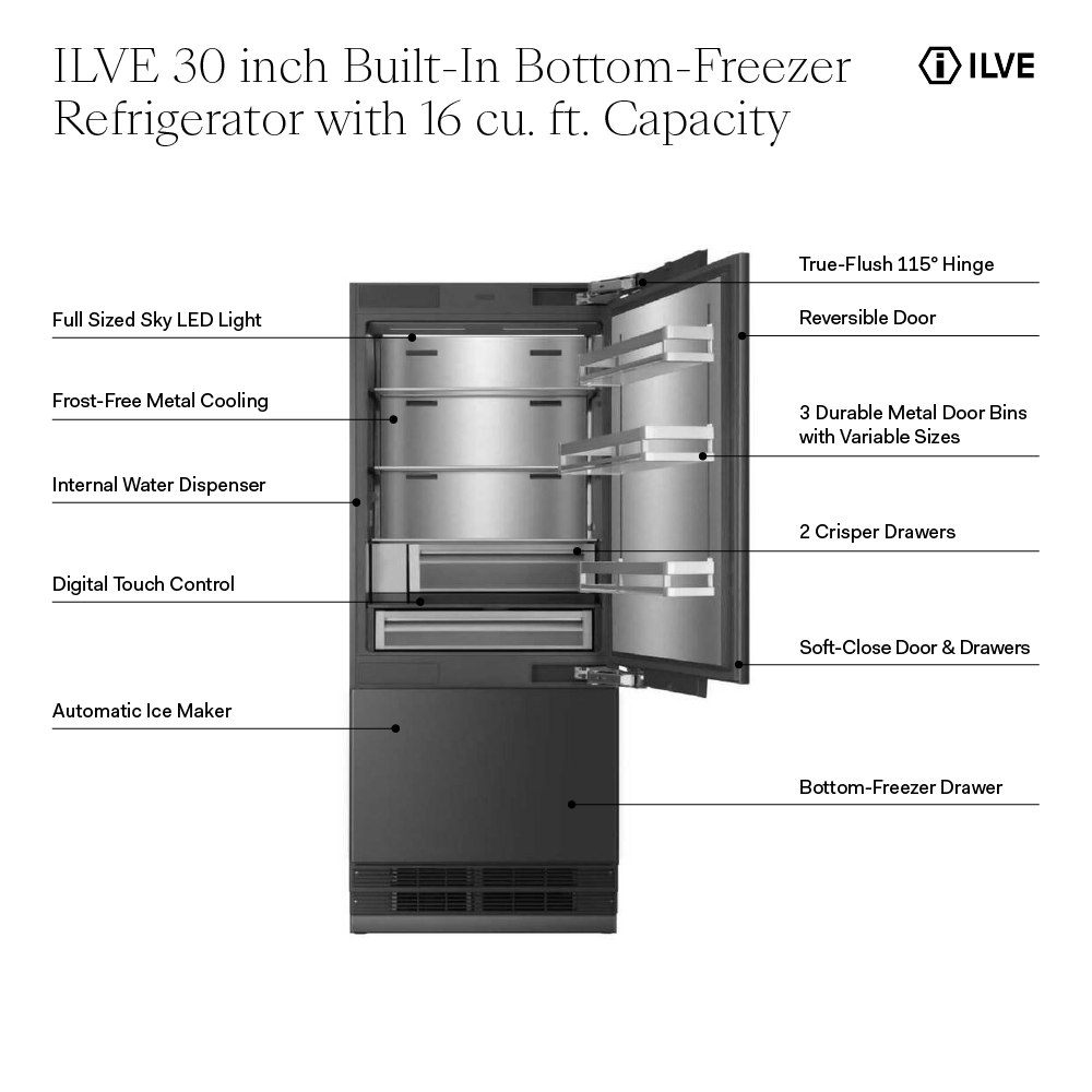 ILVE URBM30SIWPRY 30 inch Built-In Bottom Freezer Refrigerator with 16 cu. ft. Capacity, Reversible Door, Energy Star, Sabbath Mode