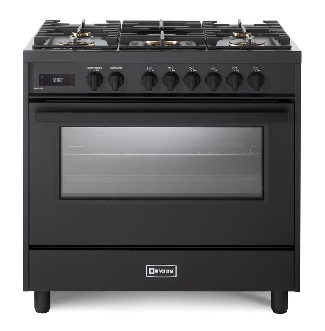 Verona VMFSGE365EE 36 inch Ultima Midnight Collection Freestanding Dual Fuel Range with 5 Sealed SABAF Brass Burners, 5 cu. ft. Oven Capacity in Matte Black