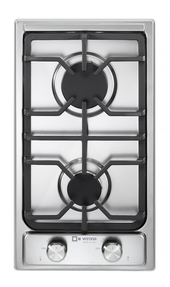 Verona VDGCT212FSS 12 inch Italian-Made Gas Cooktop with 2 Brass Burners and Continuous Cast Iron Grates in Stainless Steel