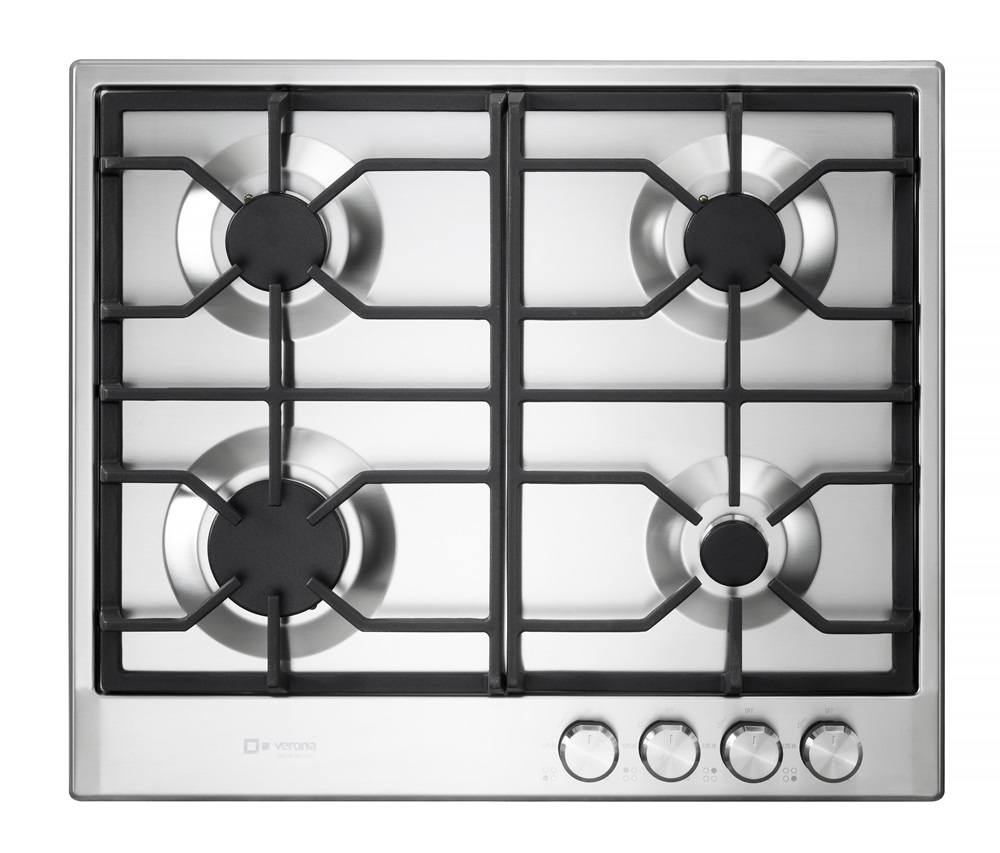 Verona VDGCT424FSS 24 inch Italian-Made Gas Cooktop with 4 Brass Burners and Continuous Cast Iron Grates in Stainless Steel