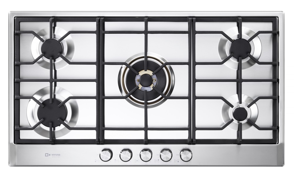 Verona VDGCT536FSS 36 inch Italian-Made Gas Cooktop with 5 Brass Burners and Continuous Cast Iron Grates in Stainless Steel