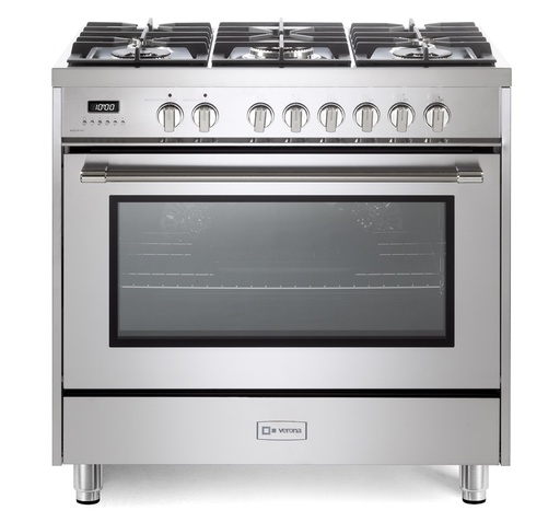 [VPRFSGE365SS] Verona VPRFSGE365SS 36 inch Prima Series Freestanding Dual Fuel Range with 5 Sealed SABAF Burners, 5 cu. ft. Oven Capacity, Touch Control Clock in Stainless Steel