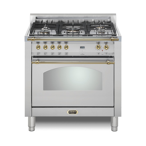 [RXOS36M0G500] Lofra G500 36 inch Dolcevita Series Freestanding Dual Fuel Range with 5 Sealed Brass Burners, 3 cu. ft. Oven Capacity, True European Convection (Stainless Steel, Brass)