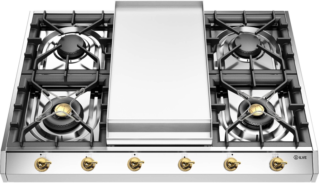 ILVE UHCP965FN Nostalgie II 36 inch Gas Cooktop with Griddle, in Stainless Steel