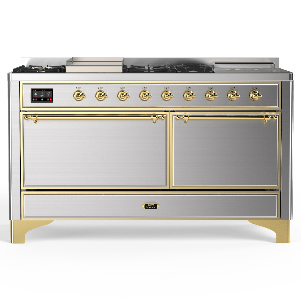 ILVE UM60FS Majestic III 60 inch Dual Fuel Range with 7 Burners, Griddle and French Top, Dual Function Burner with up to 25,000 BTU