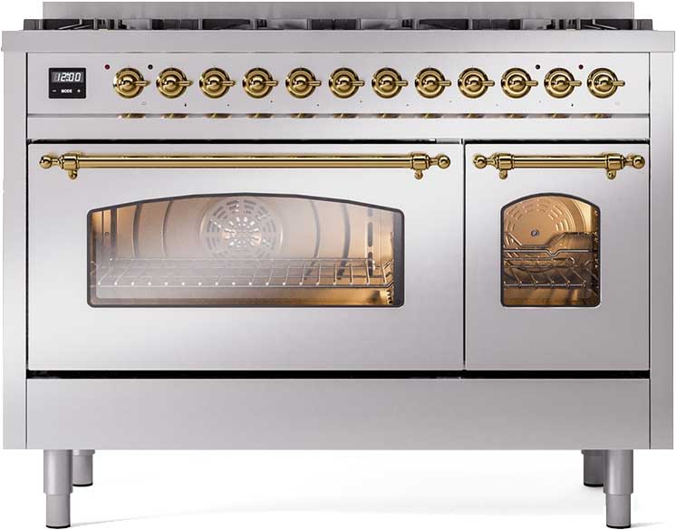 ILVE UP488NMP Nostalgie II 48 inch Dual Fuel Range with 8 Black Brass Sealed Burners, Brass Trim (Limited Edition)