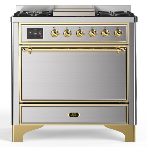 [UM36FQNR3SSG] ILVE UM36F Majestic III 36 inch Dual Fuel Range with 6 Black Brass Burners and Griddle, Dual Function Burner up to 25,000 BTU  (Solid Door, Stainless Steel, Brass, Natural Gas)