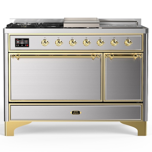 [UM48FSQNR3SSG] ILVE UM48FS Majestic III 48 inch Dual Fuel Range with 5 Black Brass Burners, Griddle and French Top, Dual Function Burner up to 25,000 BTU (Natural Gas, Solid Door, Stainless Steel, Brass)