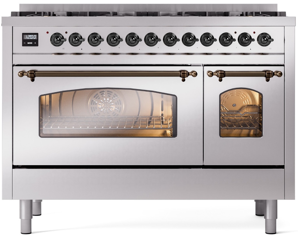 ILVE UP488NMPSSBLP Nostalgie II 48 inch Dual Fuel Liquid Propane Range Burnished Trim Bundle Including EN48B82211 Burnished Knobs and Handles (Limited Edition)