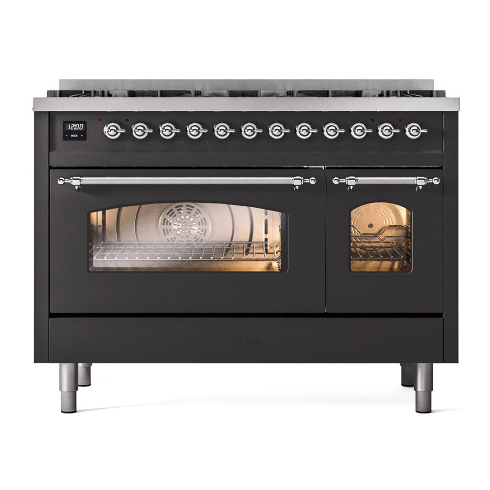 ILVE UP488NMPMGC Nostalgie II 48 inch Dual Fuel Range Chrome Trim Bundle Including EN48C82211 Chrome Knobs and Handles (Limited Edition)