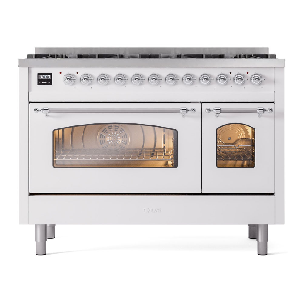 ILVE UP488NMPWHCLP Nostalgie II 48 inch Dual Fuel Liquid Propane Range Chrome Trim Bundle Including EN48C82211 Chrome Knobs and Handles (Limited Edition)