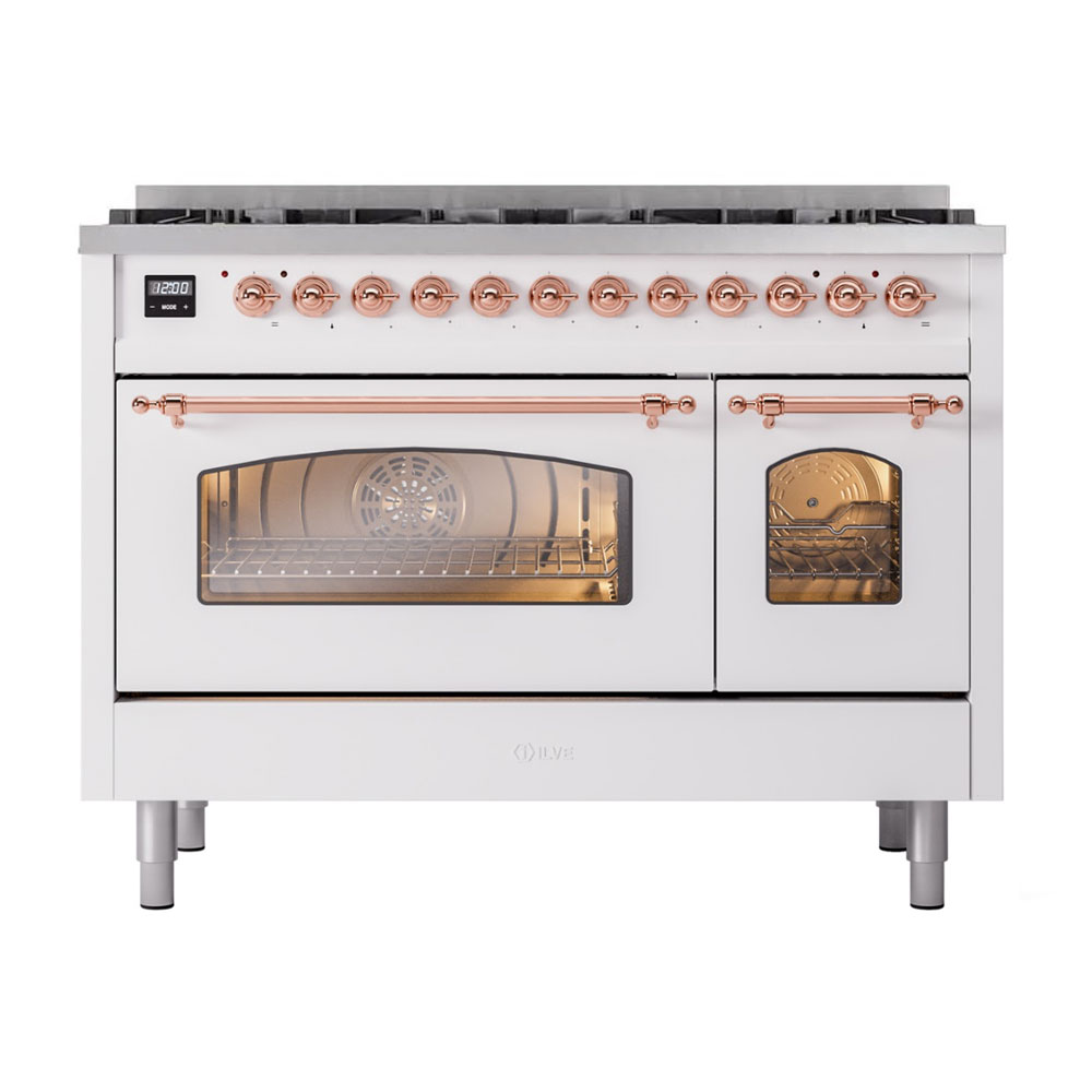 ILVE UP488NMPWHPLP Nostalgie II 48 inch Dual Fuel Liquid Propane Range Copper Trim Bundle Including EN48P82211 Copper Knobs and Handles (Limited Edition)