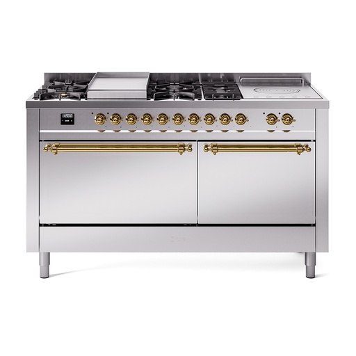 [UP60FSQNMPSSG] ILVE UP60F Nostalgie II 60 inch Dual Fuel Range with 5.8 cu. ft. Total Double Oven Capacity (7 Sealed Burners + Griddle + French Top, Natural Gas, Solid Door, Stainless Steel, Brass)